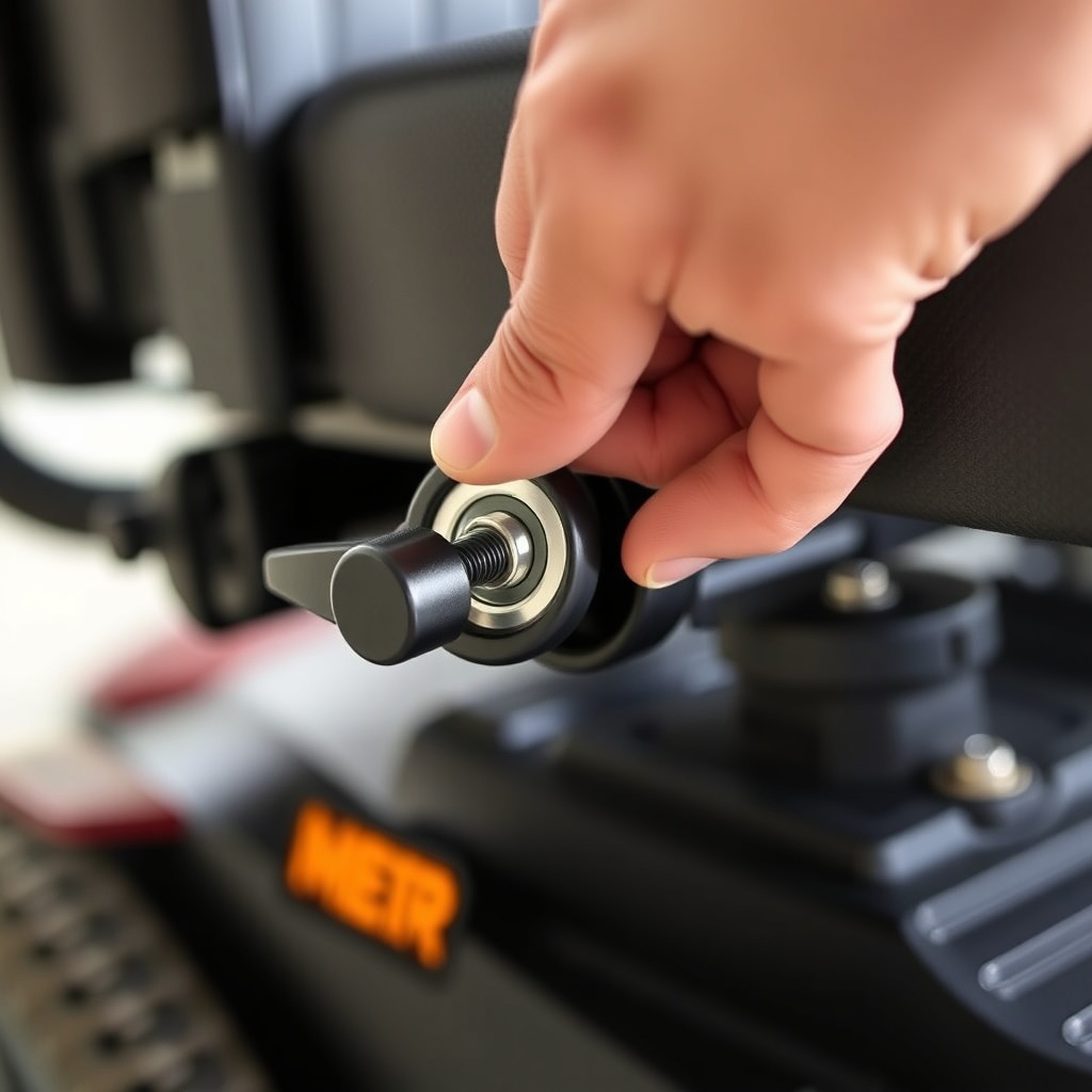 <A clean photorealistic close-up photo of a hand pulling the height adjustment lever on a