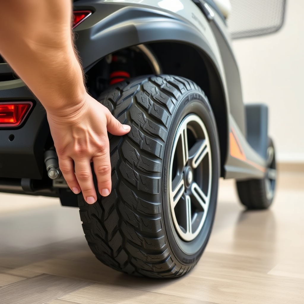 <clean photorealistic photo of a user inspecting the tire tread on a Pride Mobility Go-Go