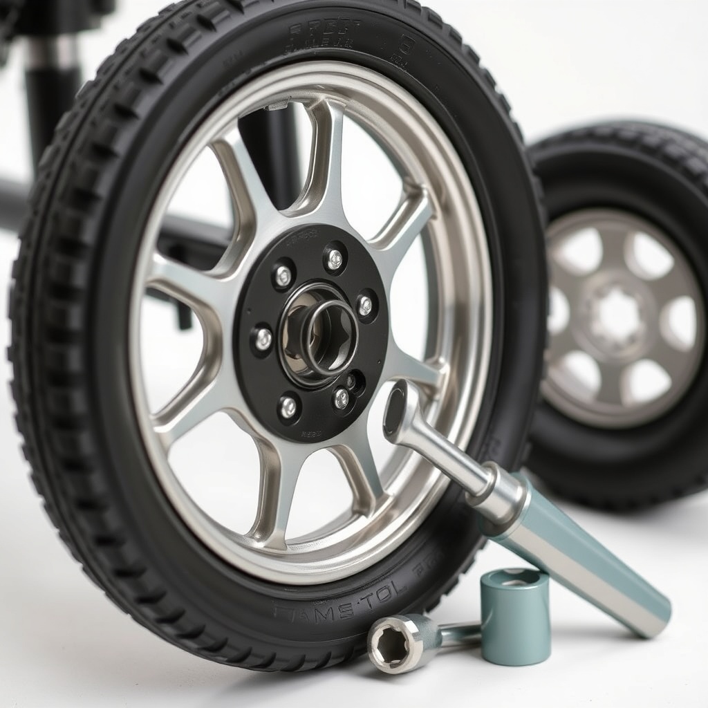 <clean photorealistic photo of a replacement tire and a socket wrench tool next to a parti