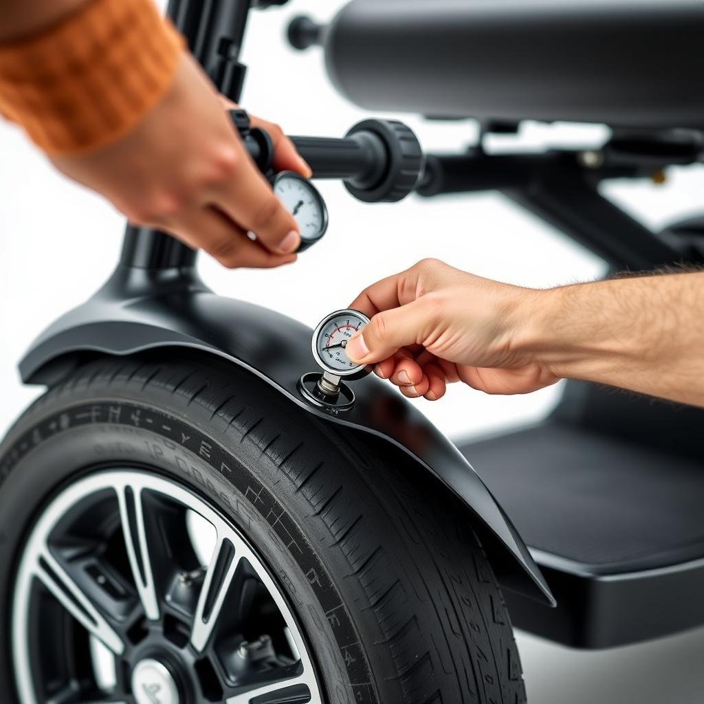 A photorealistic side-angle close-up of the Pride Mobility Go-Go Elite Traveller's front w