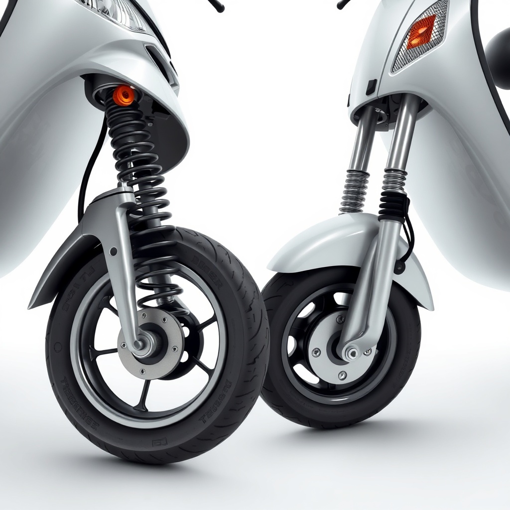 <clean photorealistic photo/illustration showing the suspension components of both scooter