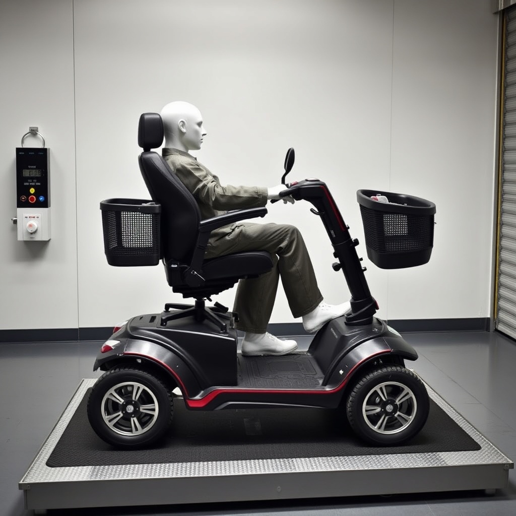 A clean photorealistic photo of a Pride Mobility Go-Go Elite Traveller being tested with a