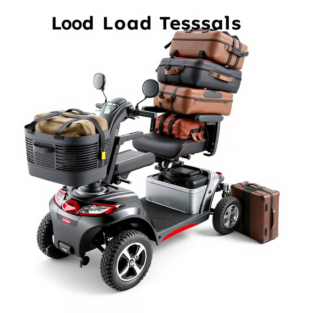A clean photorealistic photo of a Pride Mobility Go-Go Elite Traveller loaded with suitcas