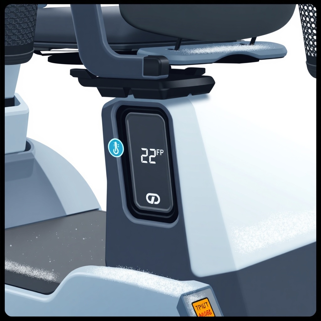 A realistic illustration showing a side view of a Drive Medical Scout with a thermometer i