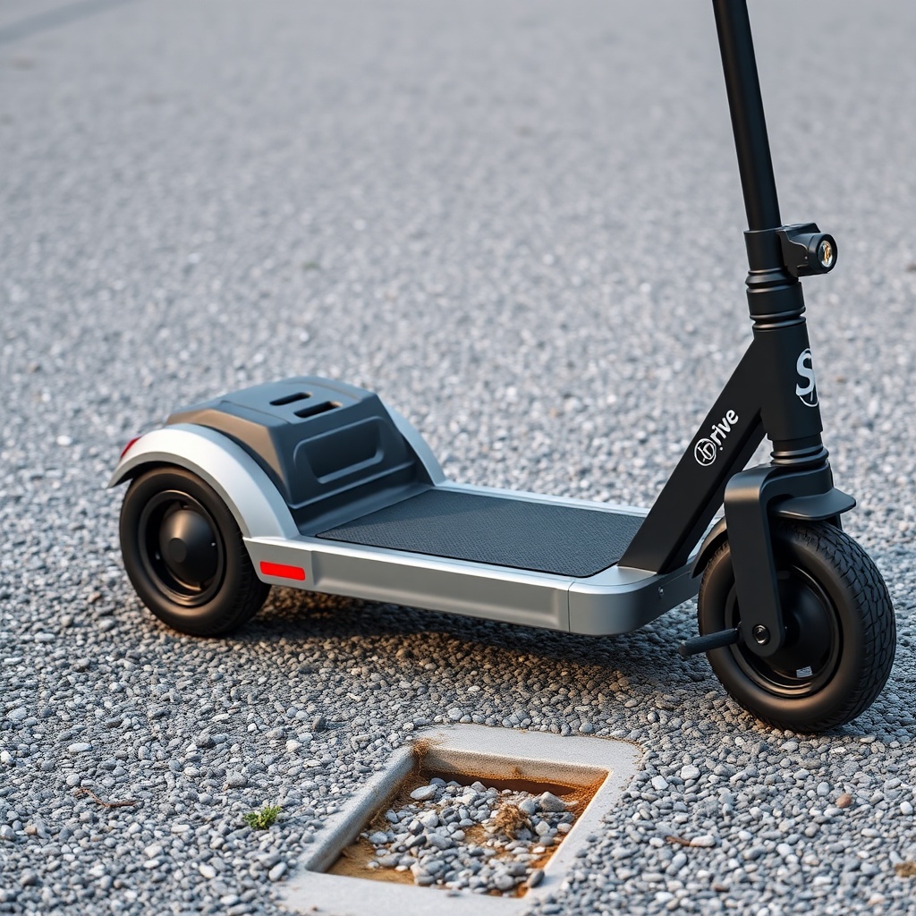 A photorealistic side-angle shot of the Drive Medical Scout on a gravel path with a small
