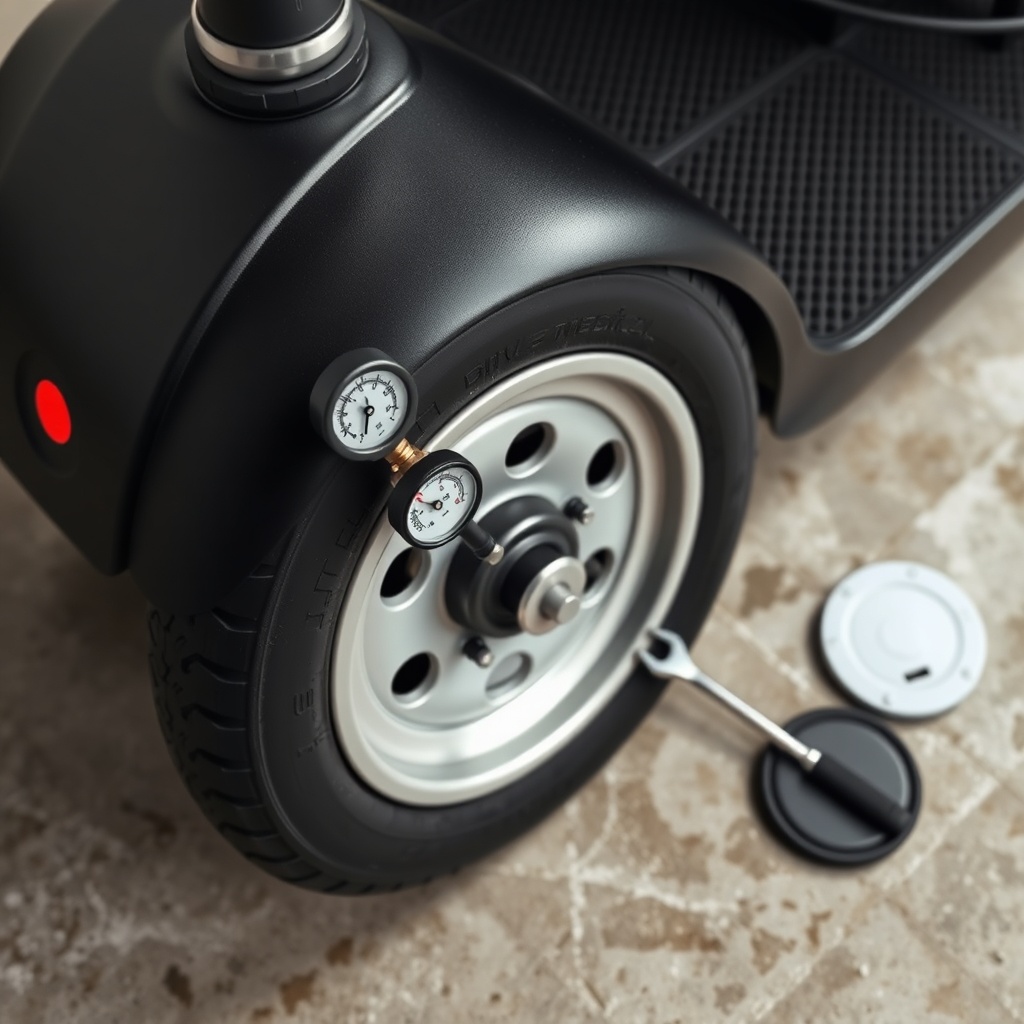 A photorealistic top-down view of a Drive Medical Scout scooter’s front wheel and tiller