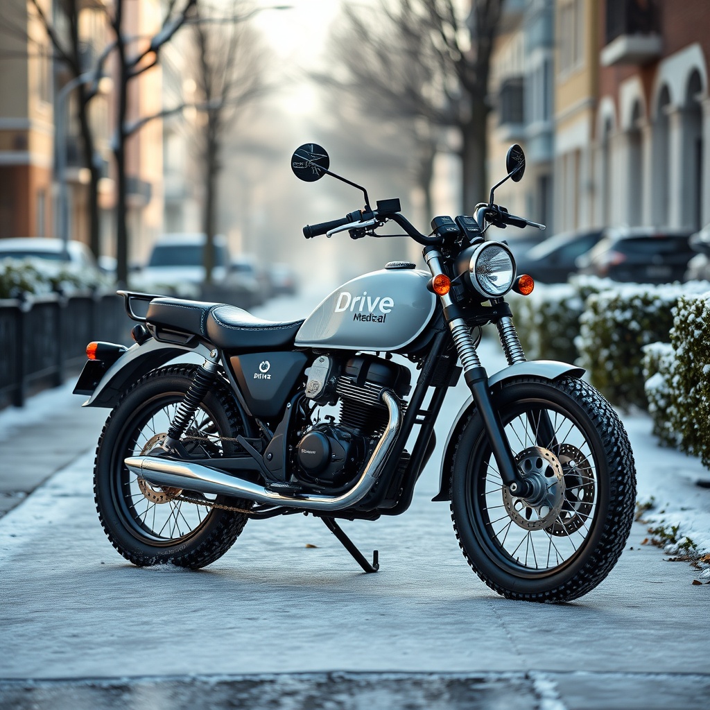 <clean photorealistic photo of a Drive Medical Scout parked on a frosty suburban sidewalk