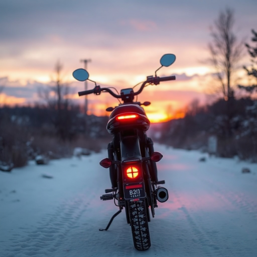<clean photorealistic photo of a winter sunset behind a Drive Medical Scout on a snow-cove