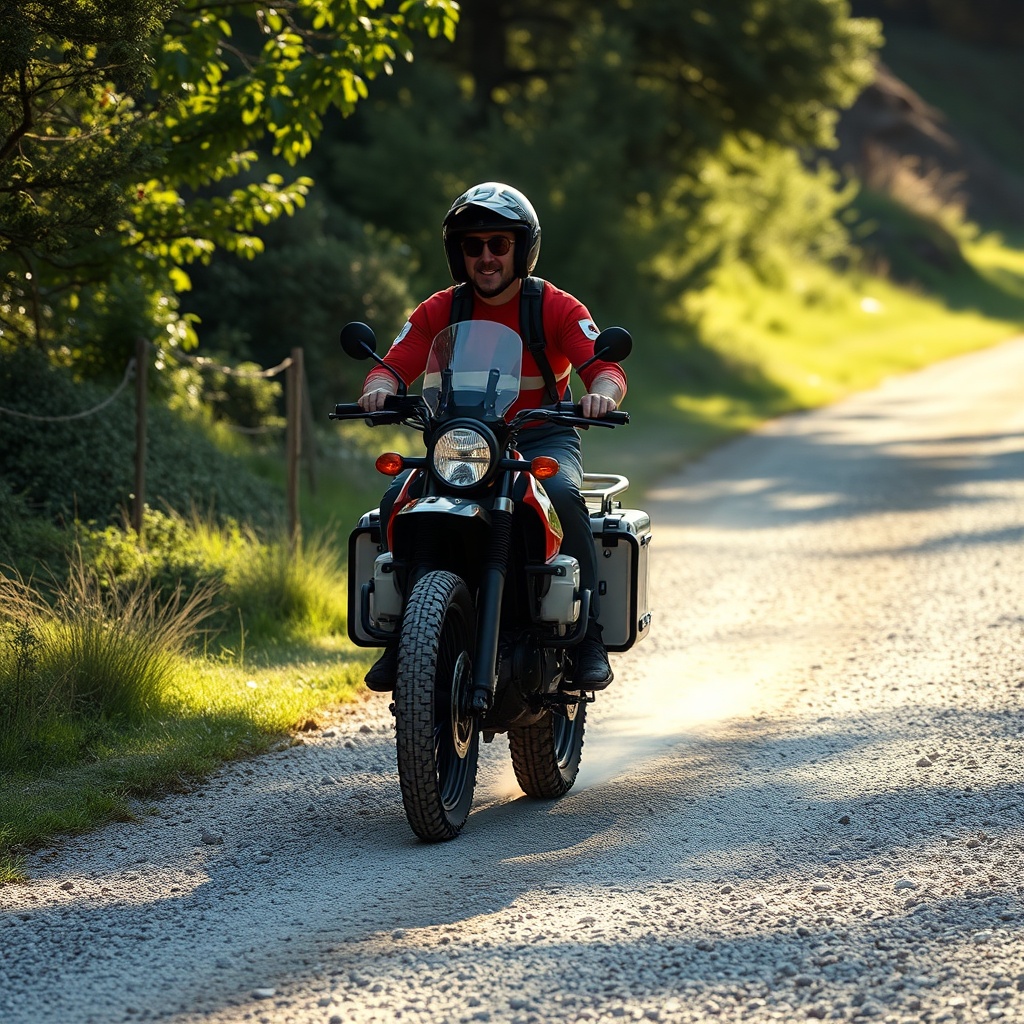 clean photorealistic photo of a Drive Medical Scout on a gravel path with a rider