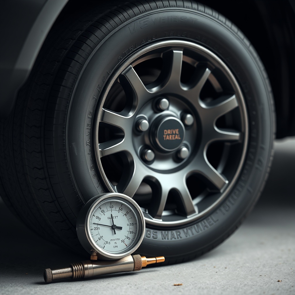 clean photorealistic photo of a tire pressure gauge next to a Drive Medical Scout wheel