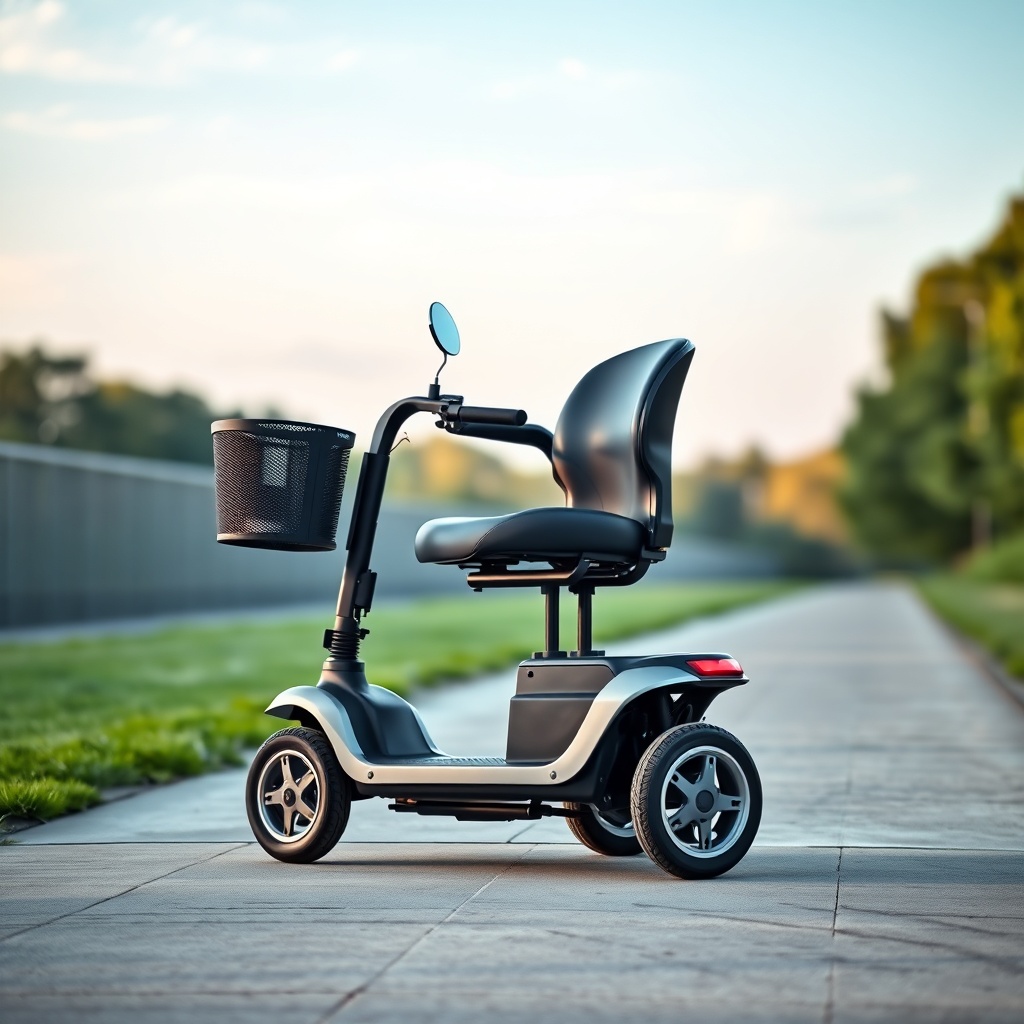 A clean photorealistic photo of a Drive Medical Scout mobility scooter parked on a flat pa