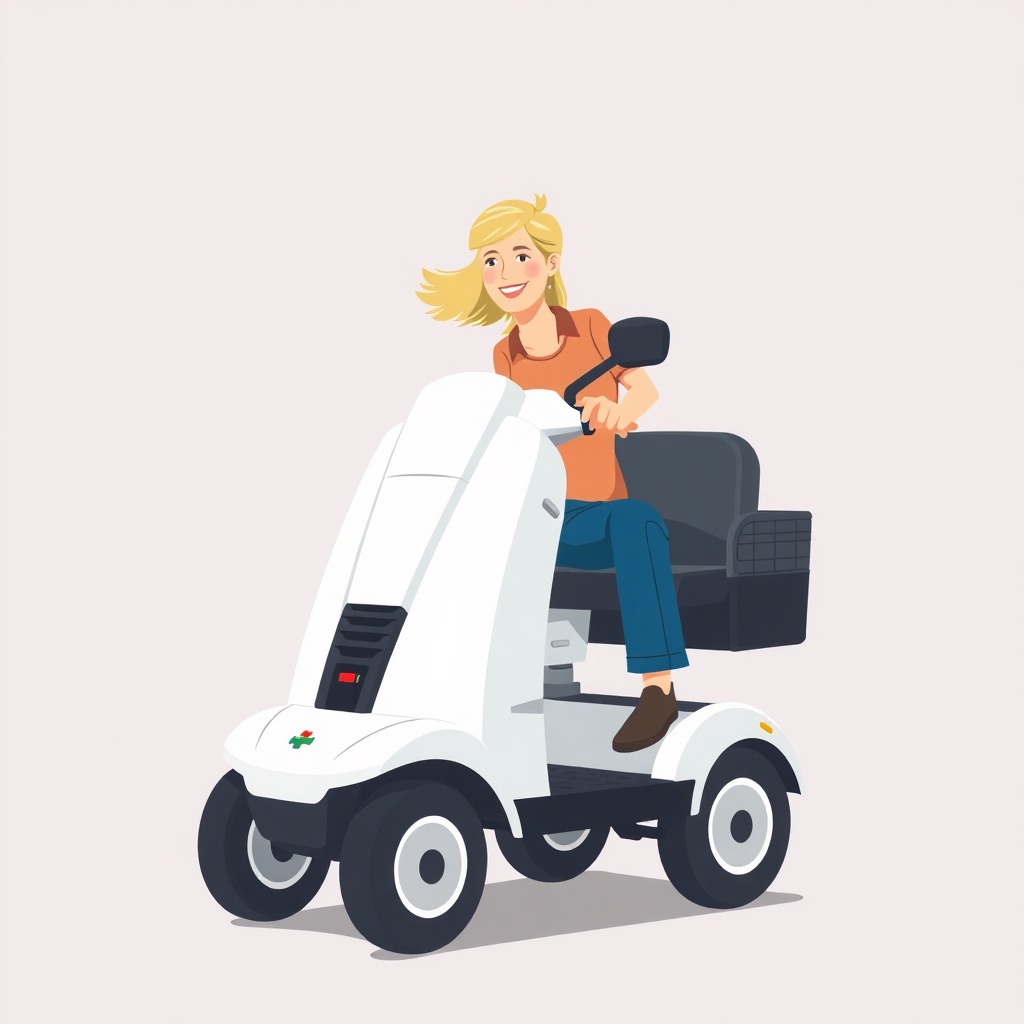 A clean photorealistic illustration showing a Drive Medical Scout being driven by a smilin