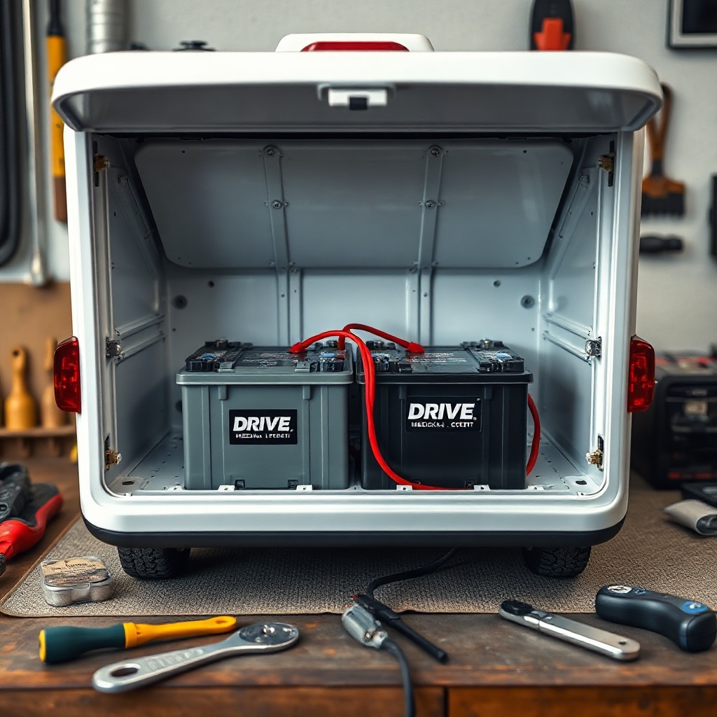 <clean photorealistic photo of a Drive Medical Scout with its battery compartment open