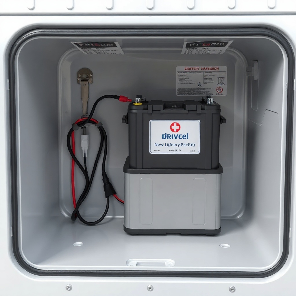 <clean photorealistic photo of a Drive Medical Scout battery compartment with a new lithiu