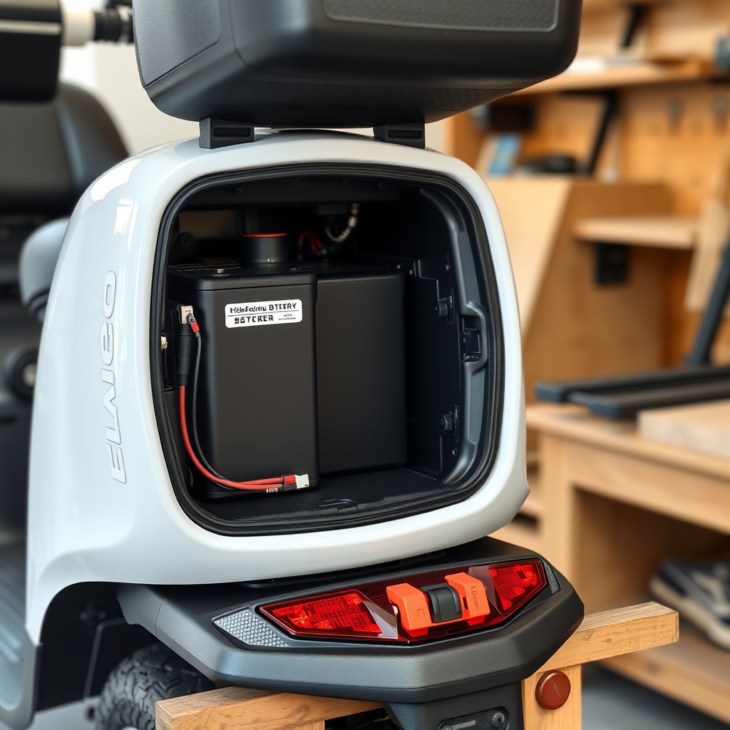 A clean photorealistic photo showing a Drive Medical Scout scooter with its battery compar