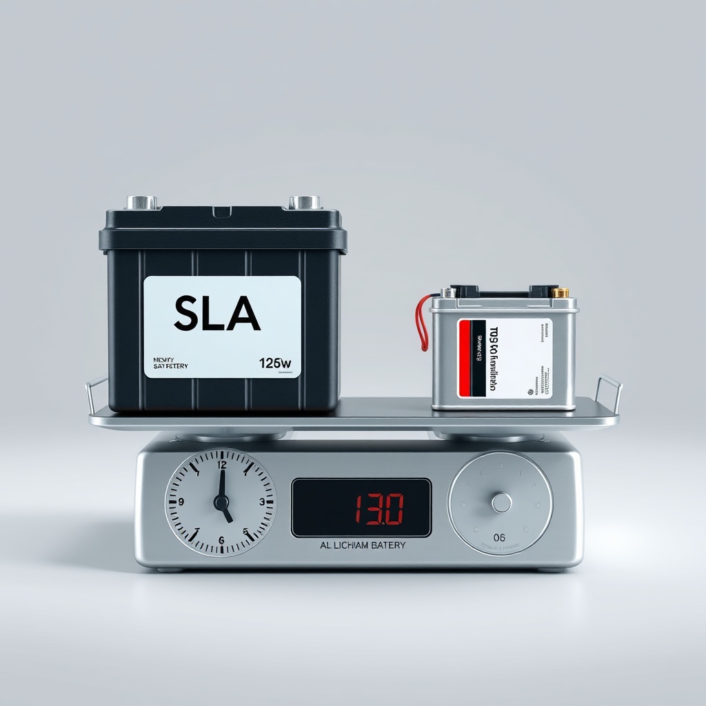 A clean photorealistic illustration showing a side-by-side comparison of a heavy SLA batte