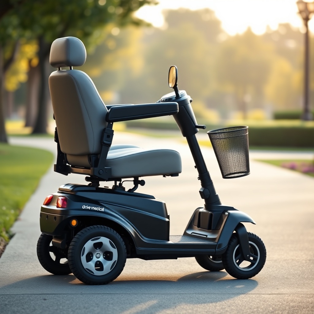 A photorealistic side profile of a Drive Medical Scout mobility scooter on a smooth paved