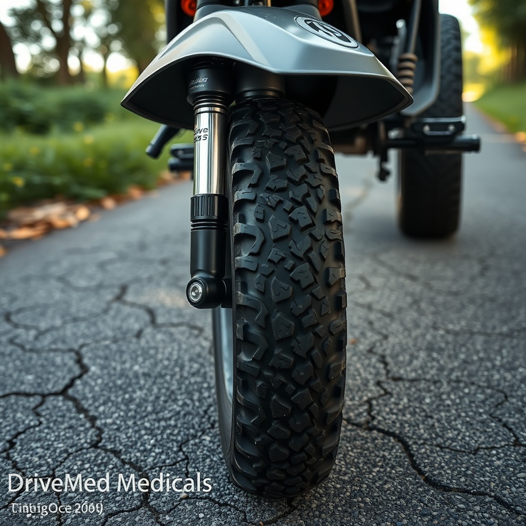 A close-up photorealistic view of the Drive Medical Scout’s front suspension coil-over sho