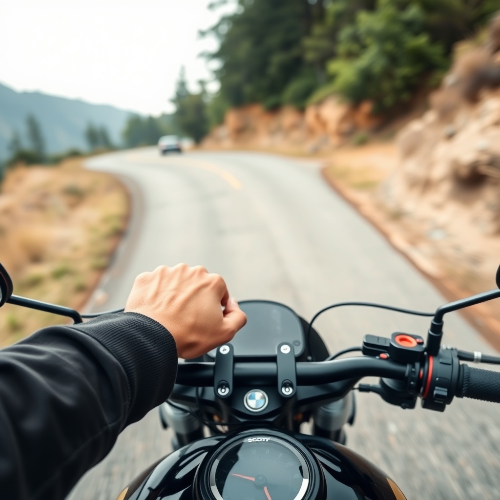 A clean photorealistic photo showing a rider's hands gripping the Scout's handlebar with c