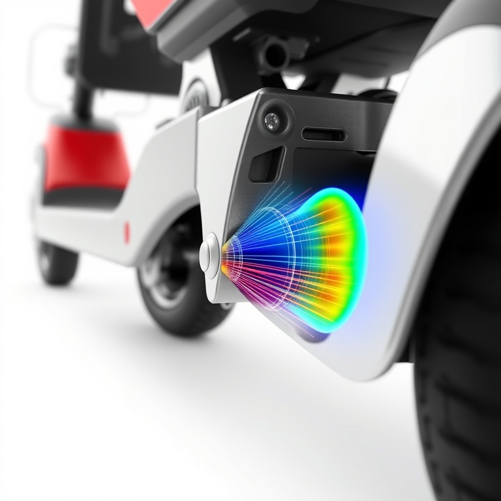 A photorealistic macro shot of the Drive Medical Scout's rear axle mounting point