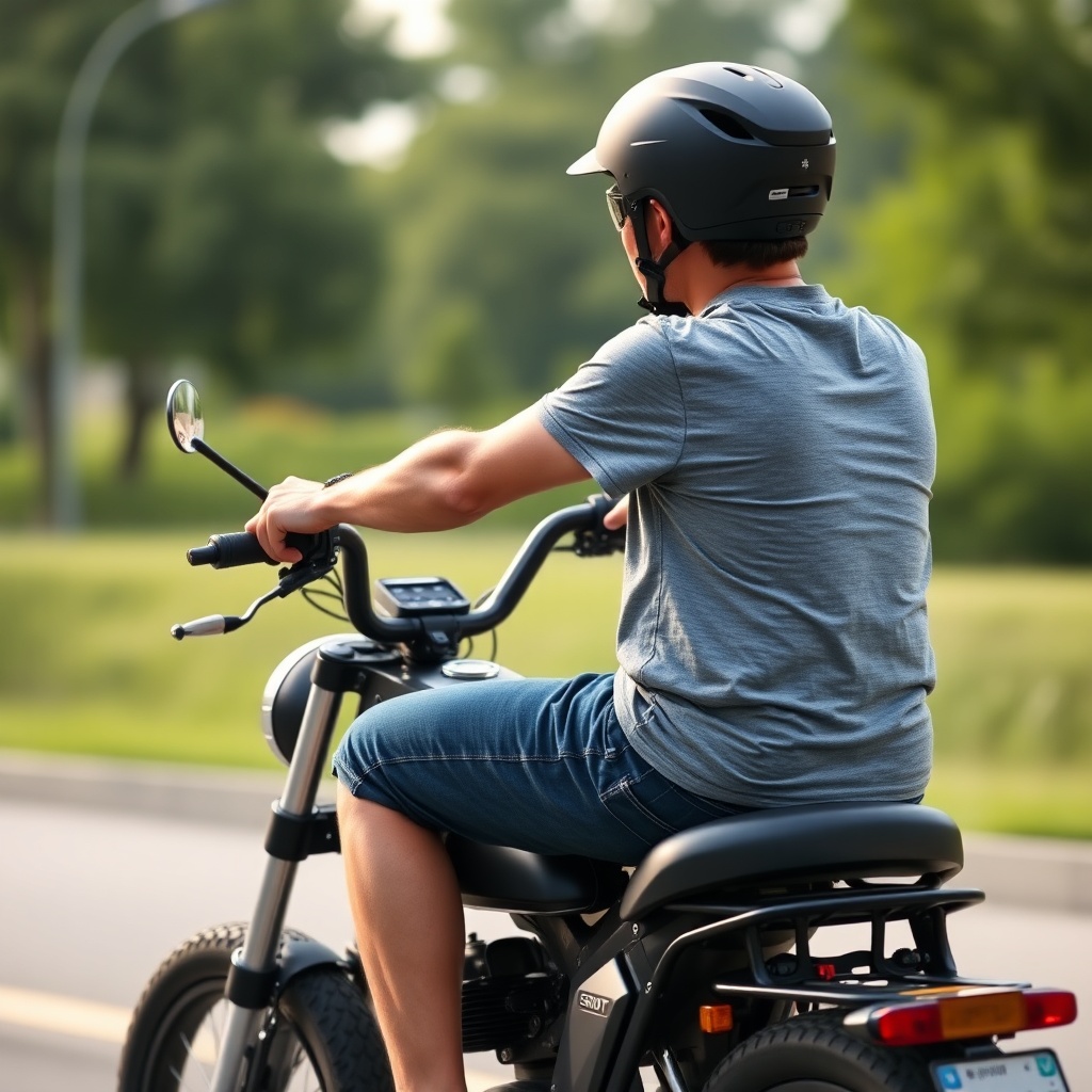 <Photorealistic side-profile shot of an adult rider seated on a Drive Medical Scout