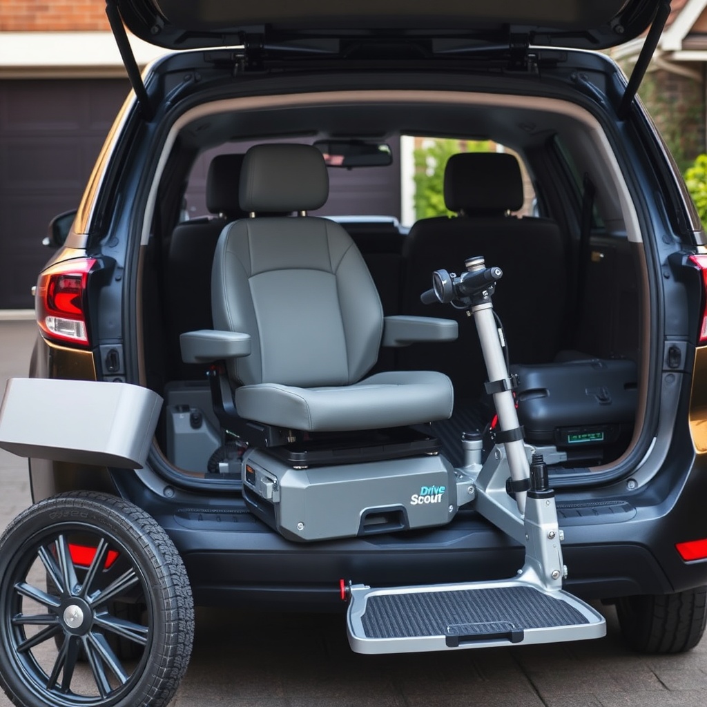 A photorealistic photo showing a Drive Medical Scout partially disassembled next to an ope