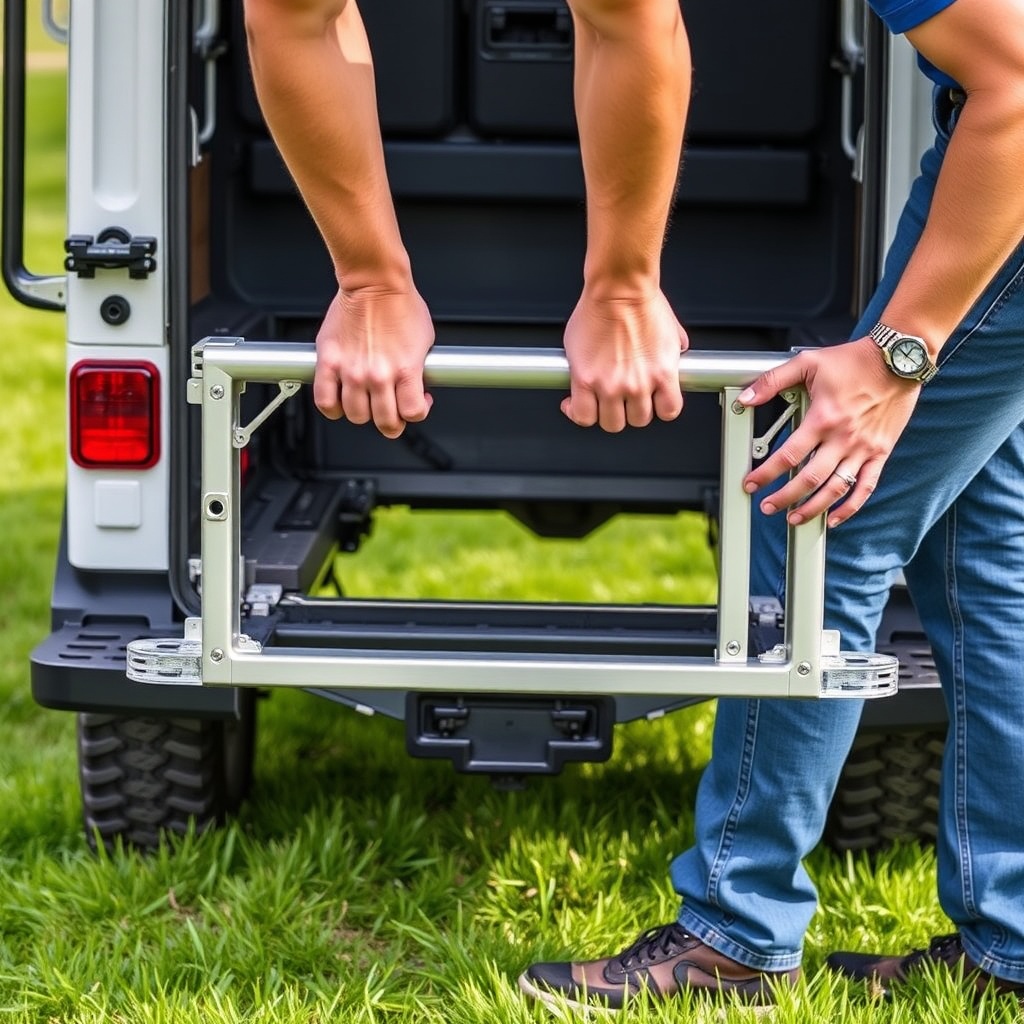 A photorealistic photo of two hands carefully lifting the rear frame section of a Drive Me