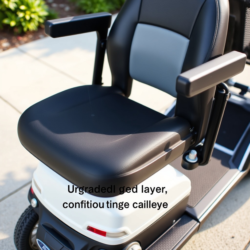 A photorealistic photo of a Drive Medical Scout mobility scooter with an upgraded gel seat