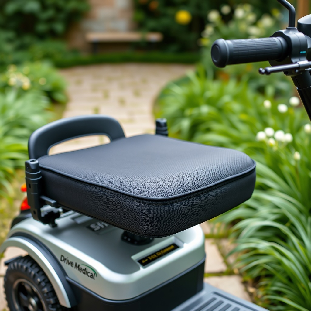 A photorealistic photo of a Drive Medical Scout mobility scooter on a garden path