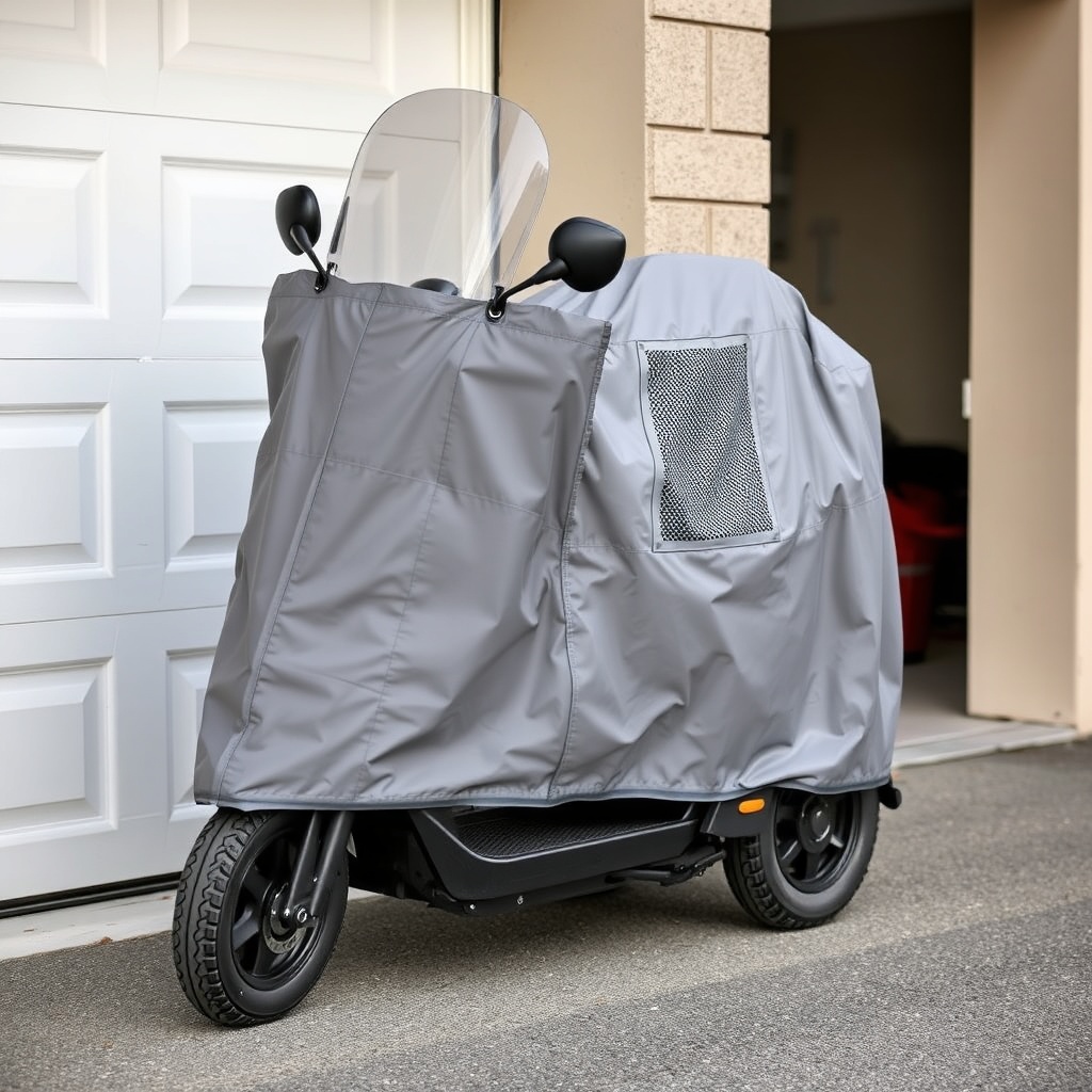 <clean photorealistic photo/illustration of a Drive Medical Scout parked next to a garage