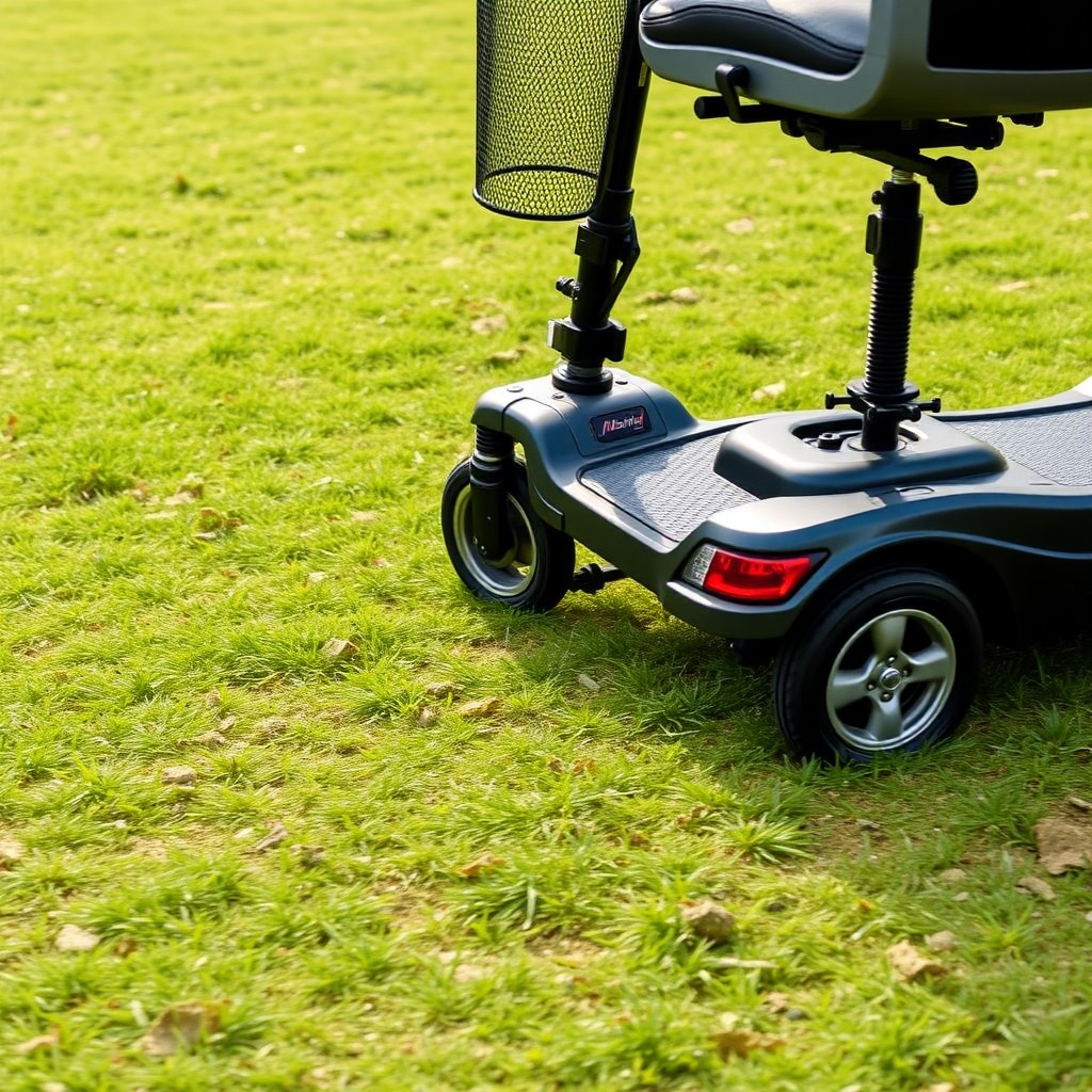 A photorealistic side-angle shot of a Drive Medical Scout mobility scooter moving across a