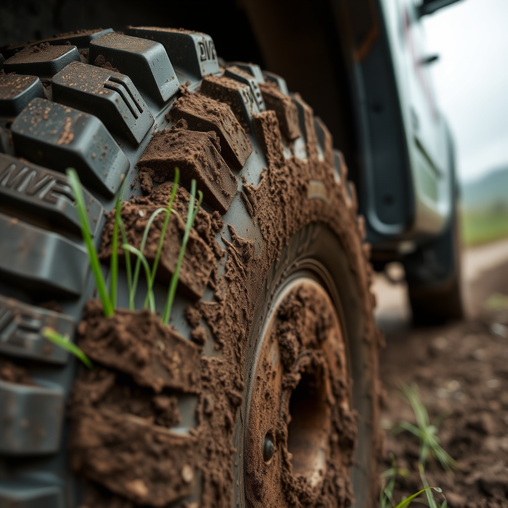 A macro-style photorealistic photo showing a Drive Medical Scout rear tire with mud and we