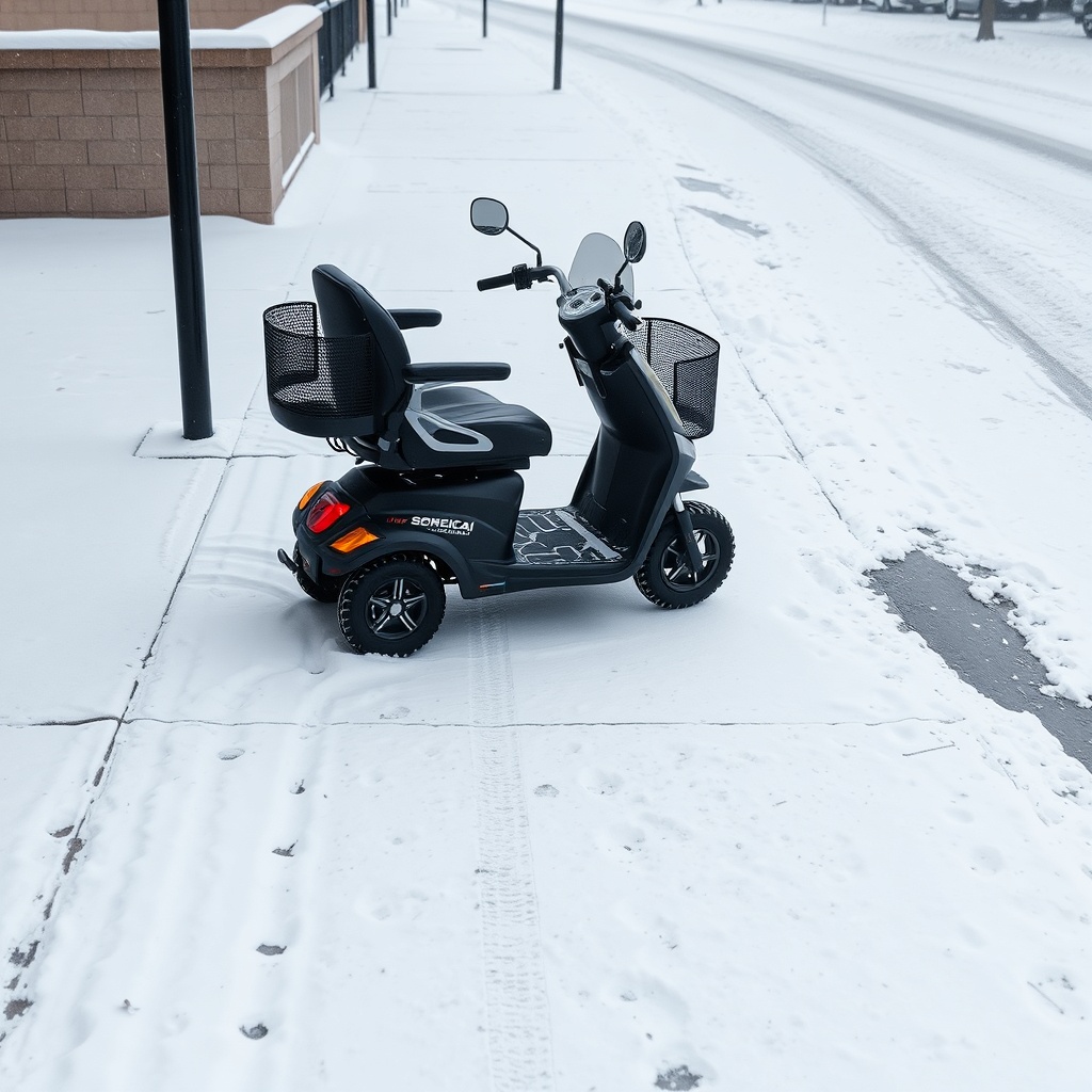 A photorealistic winter scene showing a Drive Medical Scout parked on a snow-covered sidew