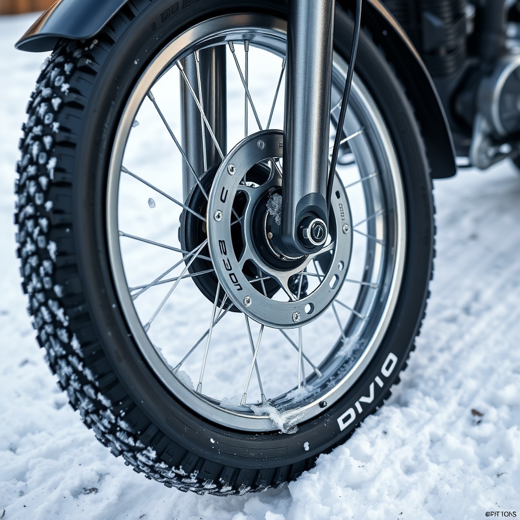 A photorealistic close-up of the Drive Medical Scout front wheel and fork on a snow-covere