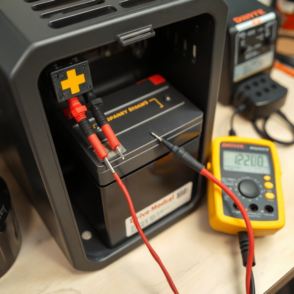 A photorealistic close-up of a Drive Medical Scout's battery compartment with a multimeter
