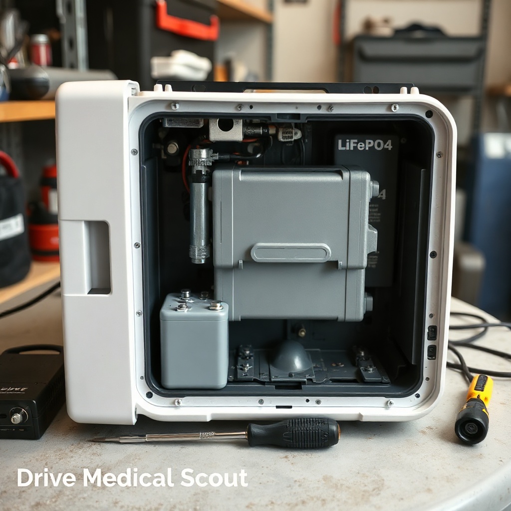 A photorealistic photo of a partially disassembled Drive Medical Scout showing the battery