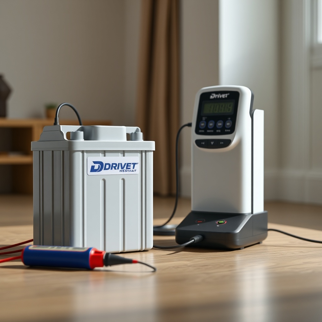 <clean photorealistic photo of a Drive Medical Scout battery pack connected to a digital c