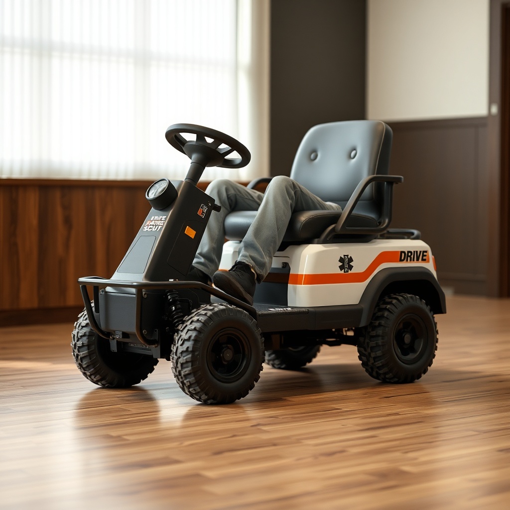 <clean photorealistic photo of a Drive Medical Scout being driven slowly on a clean indoor