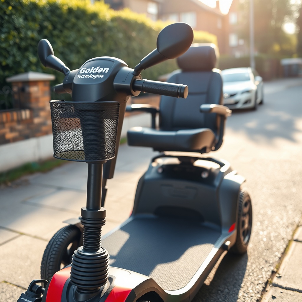 A clean photorealistic photo of a Golden Technologies Buzzaround scooter parked on a UK pa
