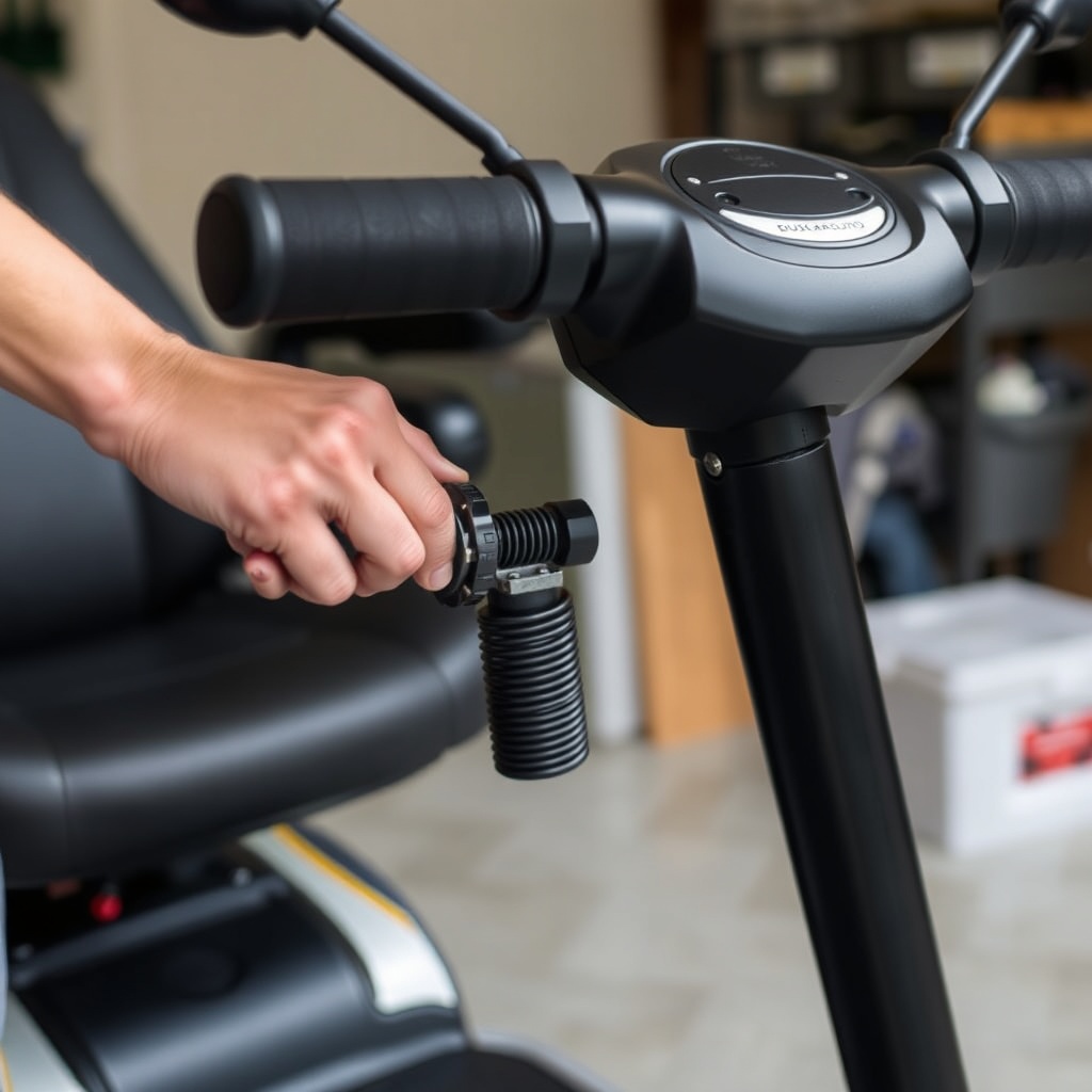 A clean photorealistic photo showing a mid-adjustment on a Buzzaround scooter: a person’s