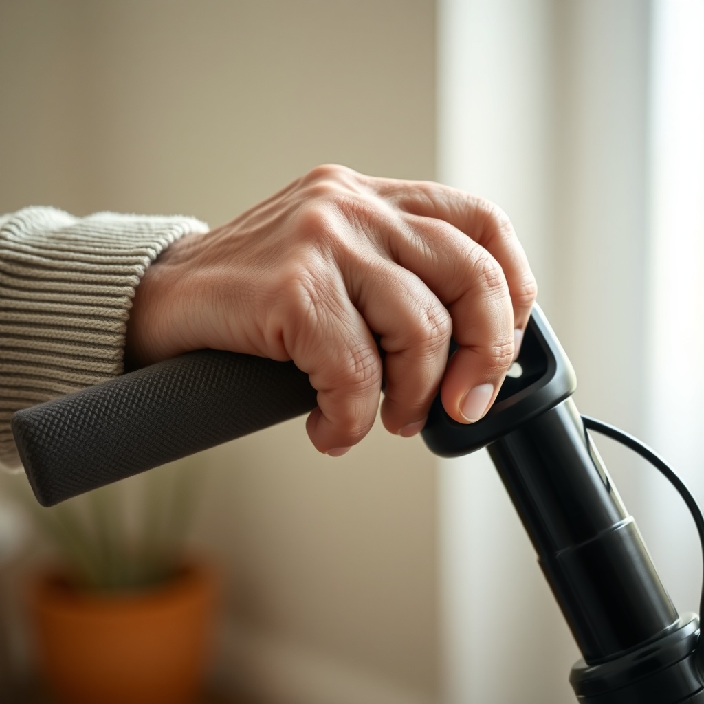 <photorealistic close-up of an elderly hand comfortably gripping an upgraded ergonomic han