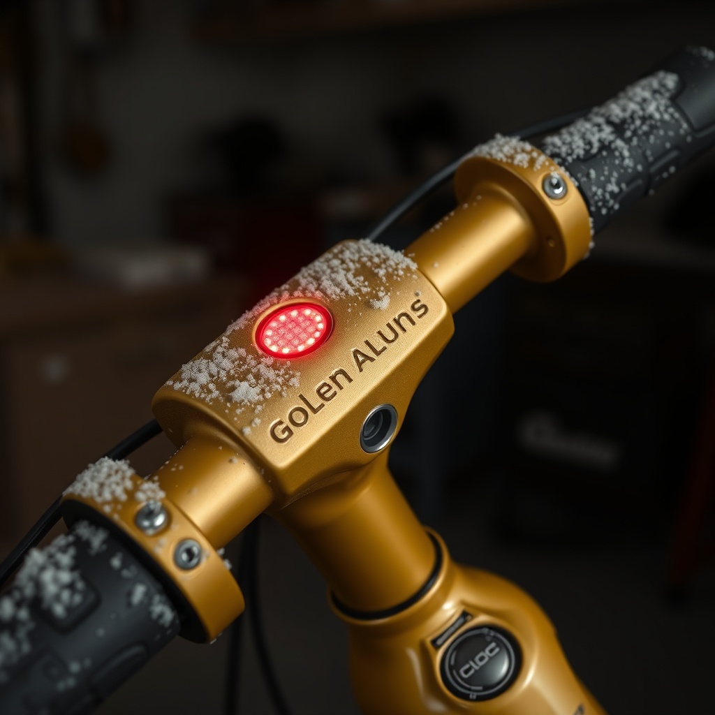 close-up of a Golden Technologies Buzzaround handlebar and tiller with visible frost