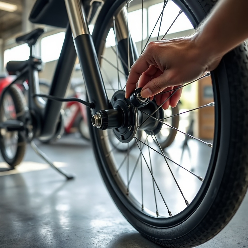 Close-up of a Golden Technologies Buzzaround front wheel and steering column on a garage f