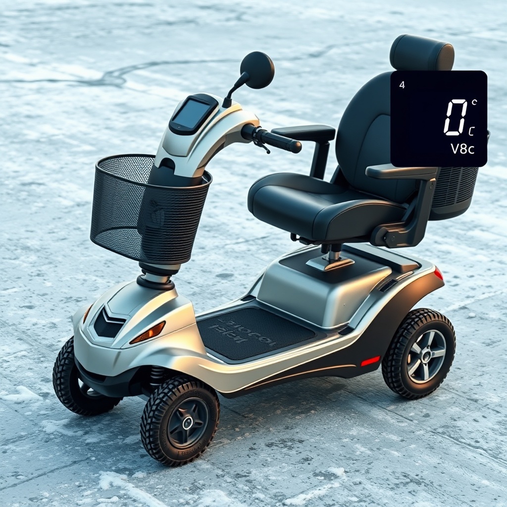 A photorealistic photo of a Pride Mobility Go-Go Elite Traveller scooter parked on a frost