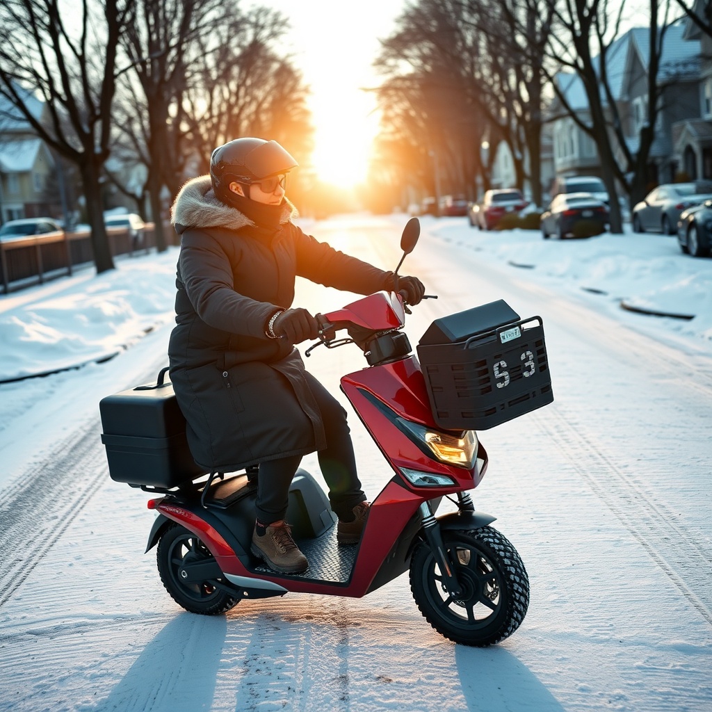A photorealistic photo of a user wearing gloves and a winter coat riding a Go-Go Elite Tra