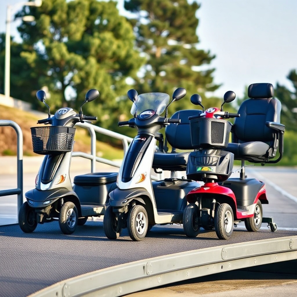 <clean photorealistic photo/illustration of three mobility scooters side by side on a ramp