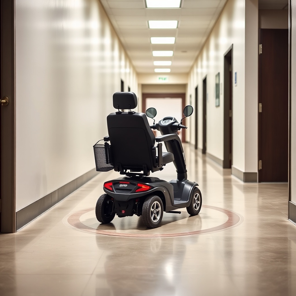 A clean photorealistic photo showing a Pride Mobility Go-Go Elite Traveller performing a t