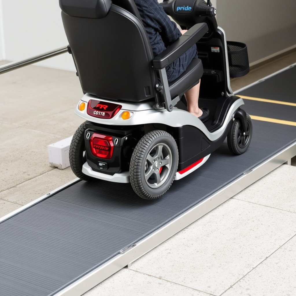 A clean photorealistic photo showing a Pride Mobility Go-Go Elite Traveller on a ramp from