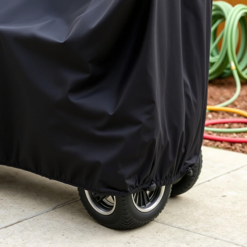 <A photorealistic close-up of a Pride Mobility Go-Go Elite Traveller with an outdoor cover