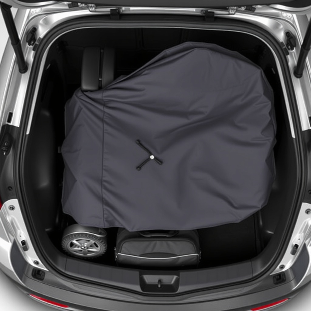 <A photorealistic overhead view of a Pride Mobility Go-Go Elite Traveller folded inside a